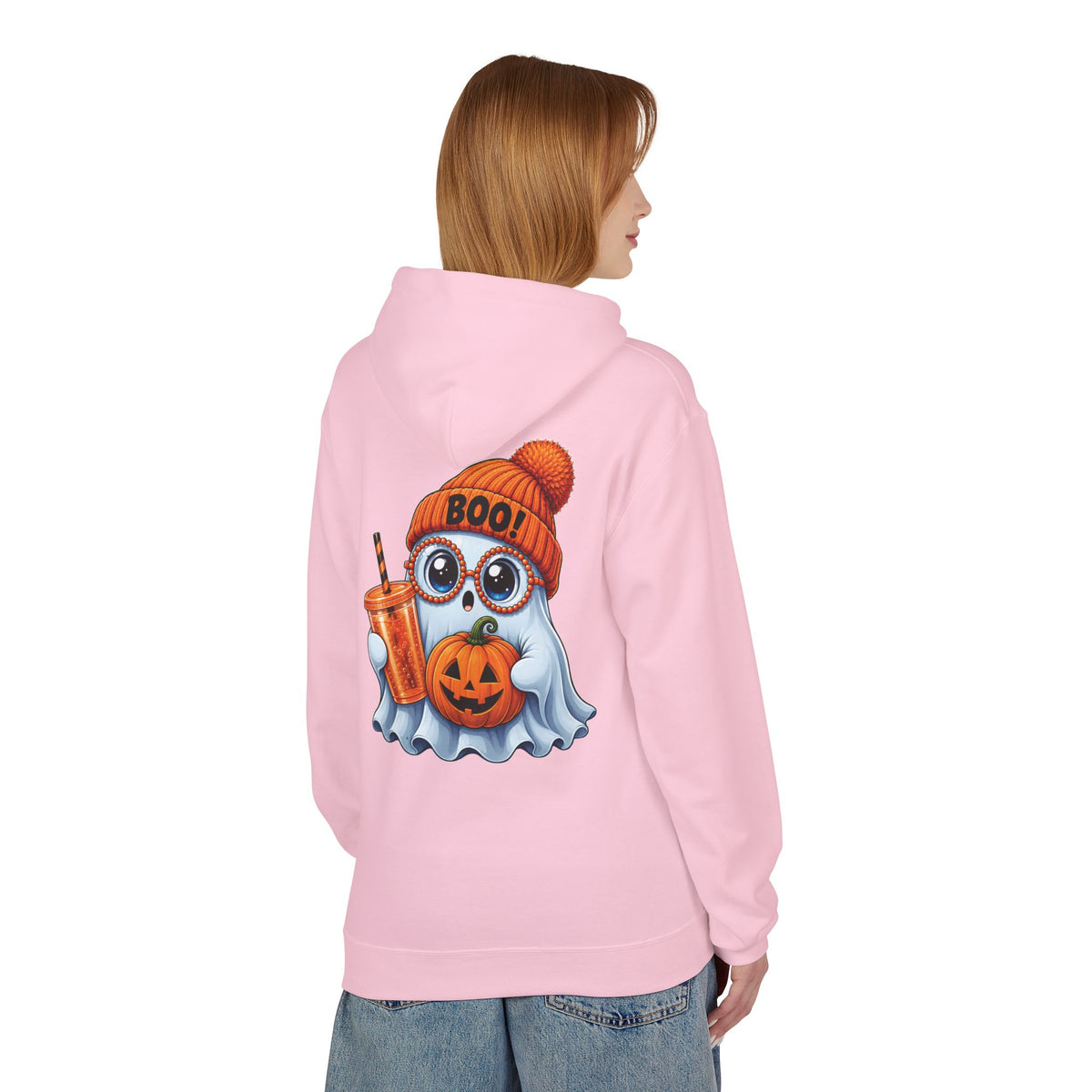 Cute Halloween Ghost Hoodie — 'Boo!' Pumpkin & Bubble Tea Graphic