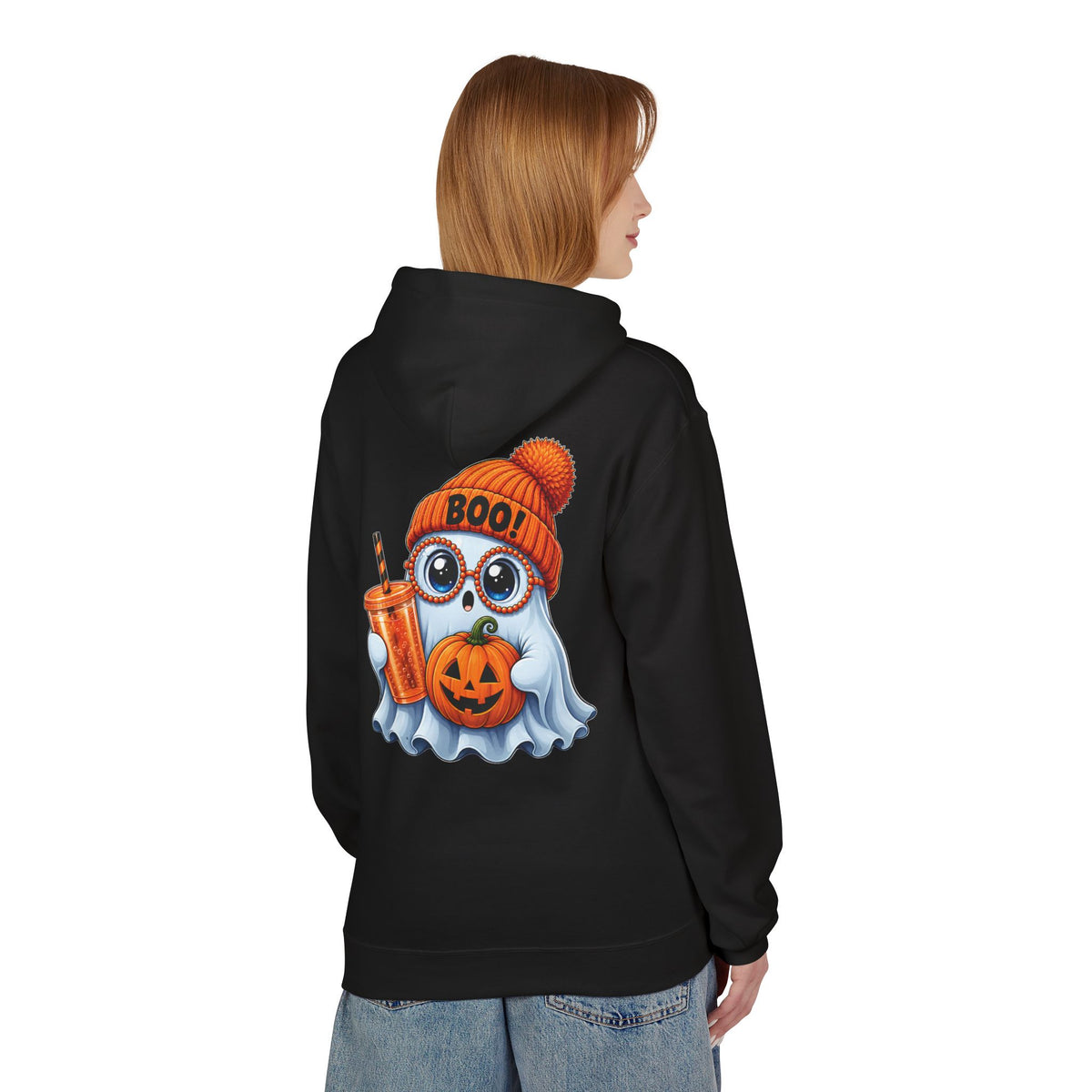 Cute Halloween Ghost Hoodie — 'Boo!' Pumpkin & Bubble Tea Graphic