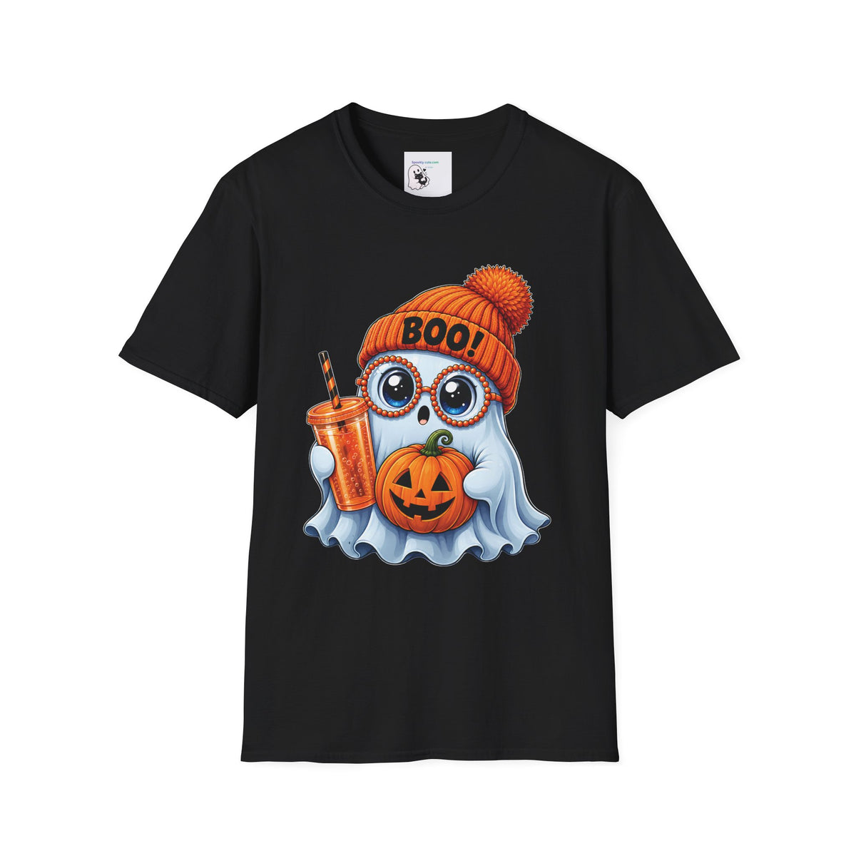 Halloween Ghost Tee – Cute Boo! Pumpkin & Hot Drink Graphic T-Shirt