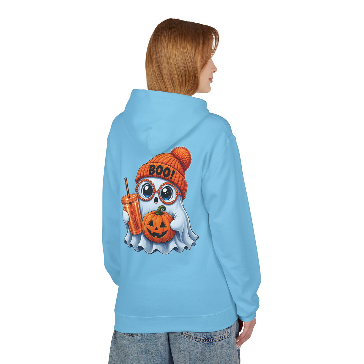 Cute Halloween Ghost Hoodie — 'Boo!' Pumpkin & Bubble Tea Graphic