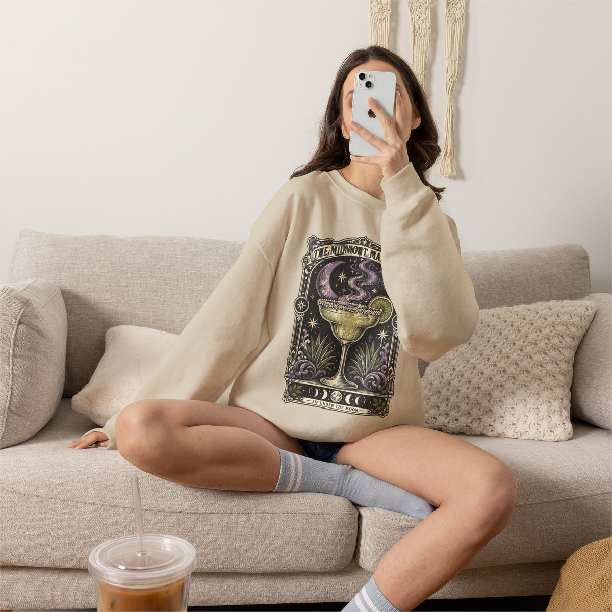 Midnight Margarita Art Print Crewneck Sweatshirt | Retro Tarot Cocktail Graphic