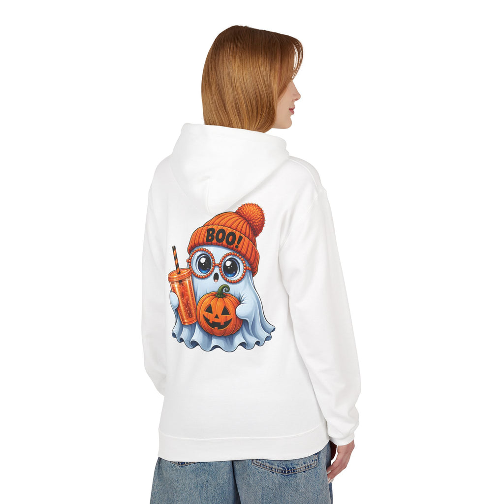 Cute Halloween Ghost Hoodie — 'Boo!' Pumpkin & Bubble Tea Graphic