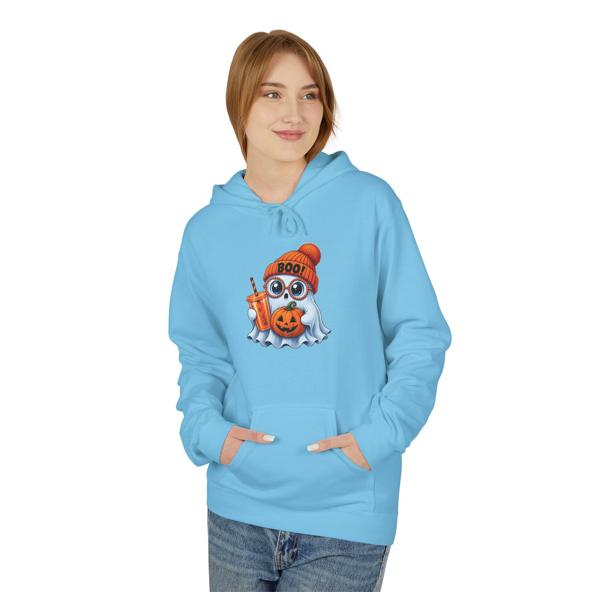 Cute Halloween Ghost Hoodie — 'Boo!' Pumpkin & Bubble Tea Graphic