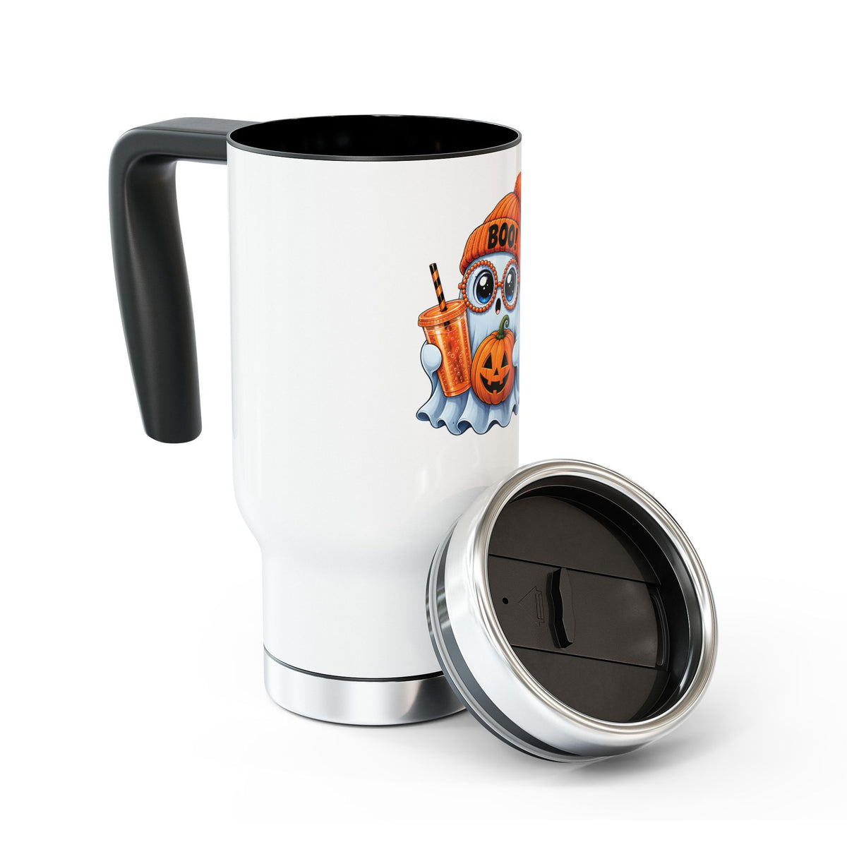 Halloween Ghost Travel Mug — 'Boo!' Pumpkin & Cozy Beanie 14oz Stainless Steel
