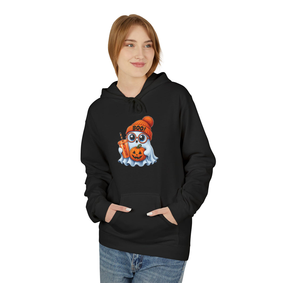 Cute Halloween Ghost Hoodie — 'Boo!' Pumpkin & Bubble Tea Graphic