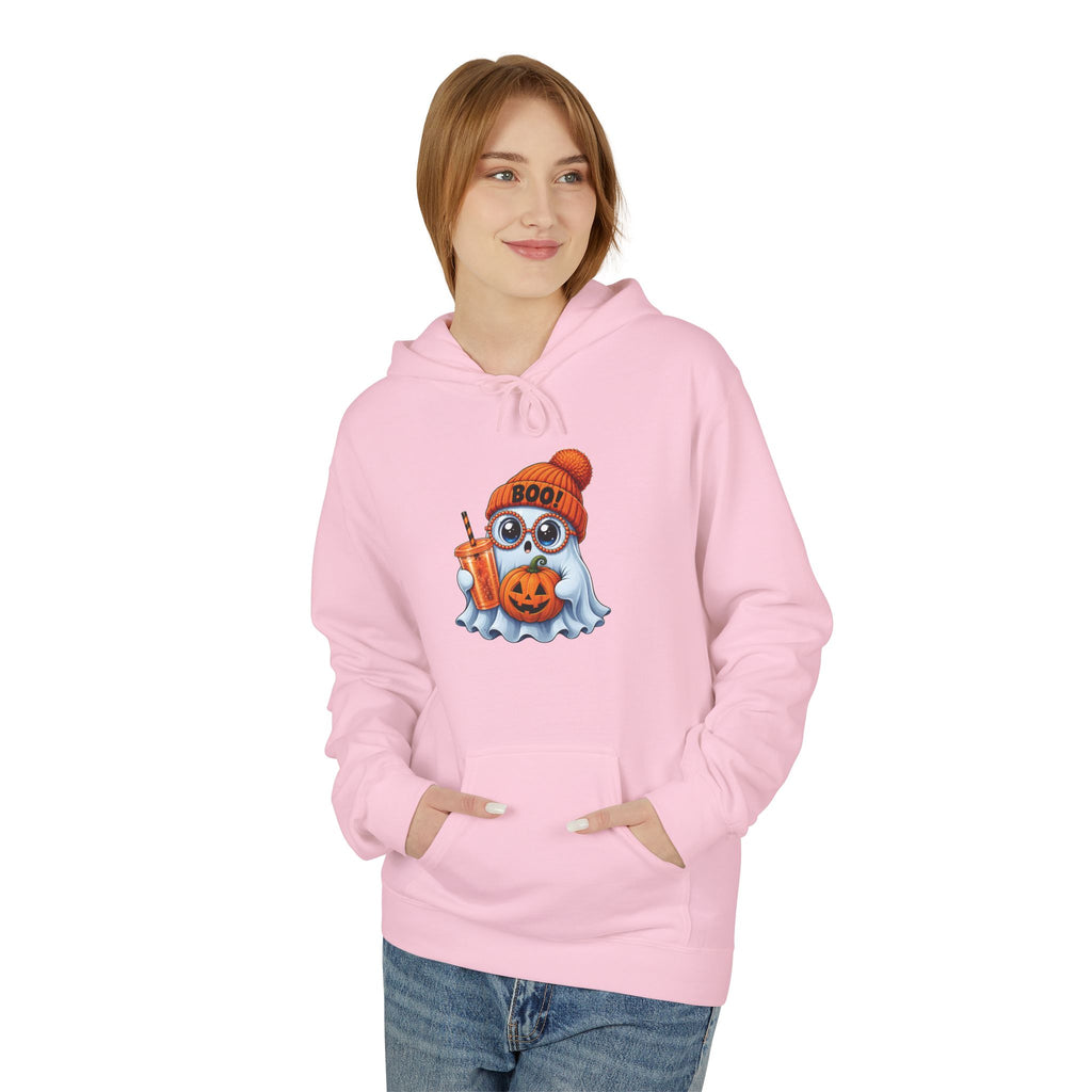 Cute Halloween Ghost Hoodie — 'Boo!' Pumpkin & Bubble Tea Graphic