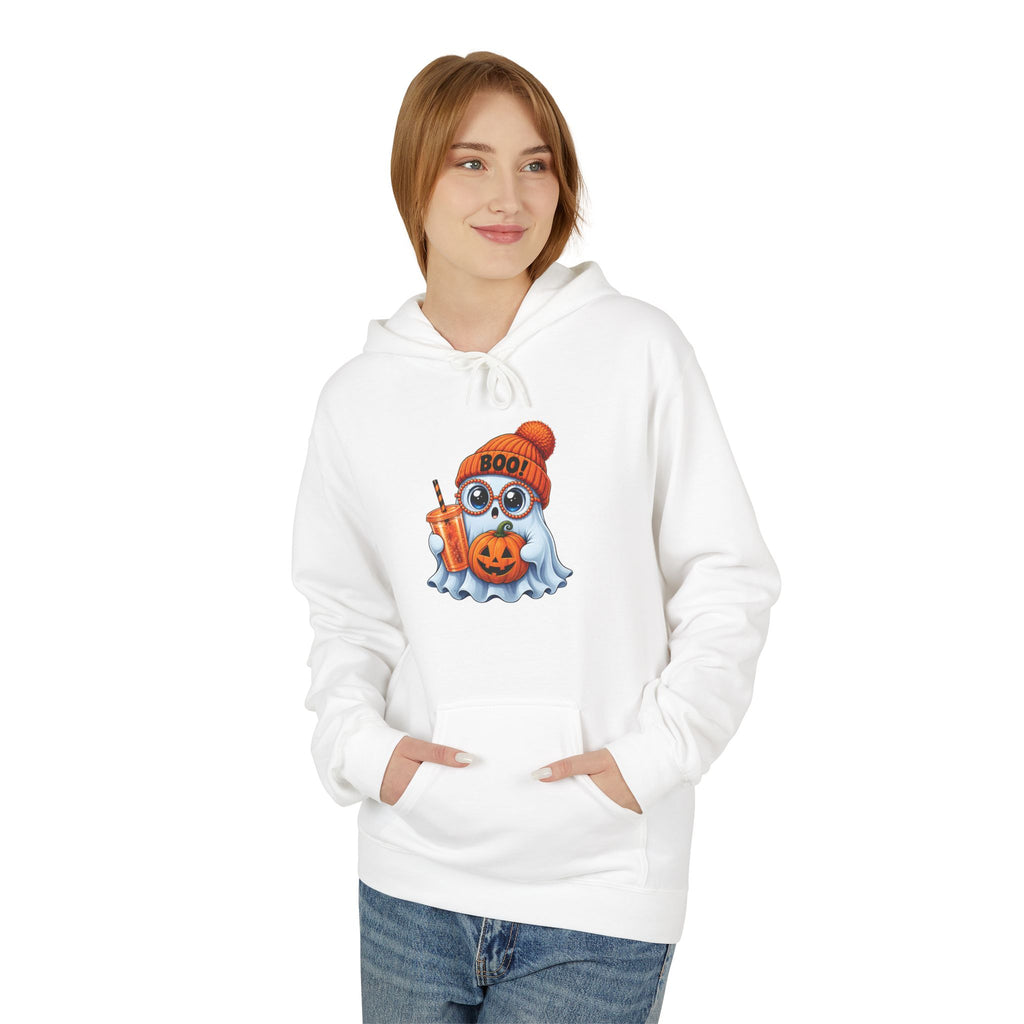 Cute Halloween Ghost Hoodie — 'Boo!' Pumpkin & Bubble Tea Graphic