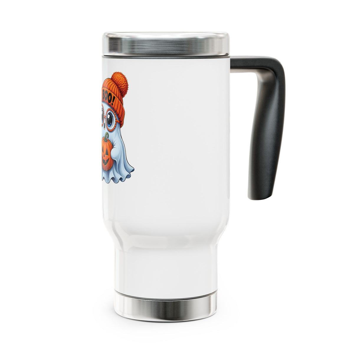 Halloween Ghost Travel Mug — 'Boo!' Pumpkin & Cozy Beanie 14oz Stainless Steel