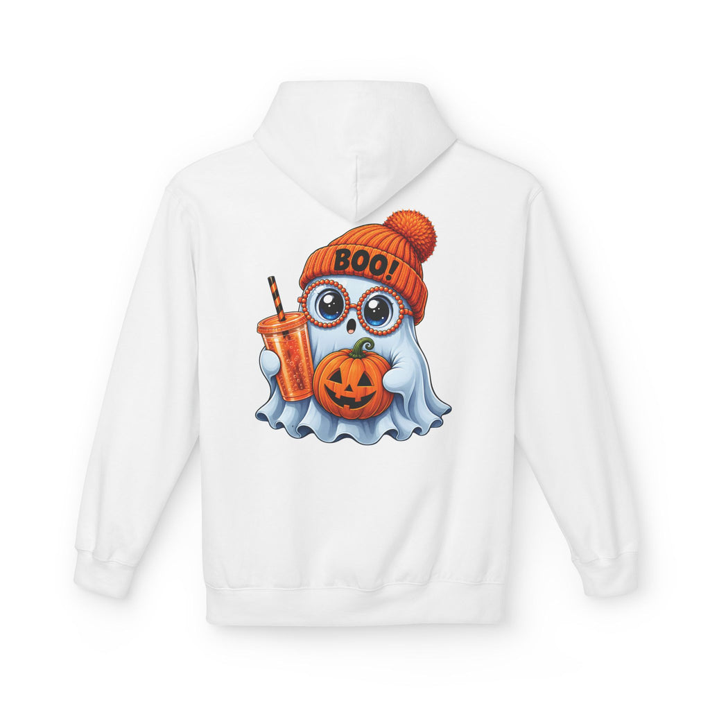 Cute Halloween Ghost Hoodie — 'Boo!' Pumpkin & Bubble Tea Graphic