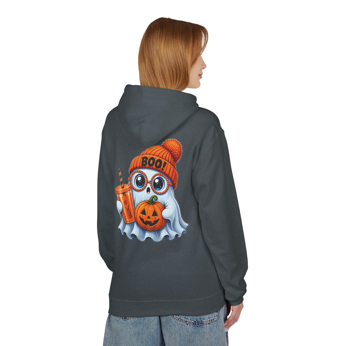 Cute Halloween Ghost Hoodie — 'Boo!' Pumpkin & Bubble Tea Graphic